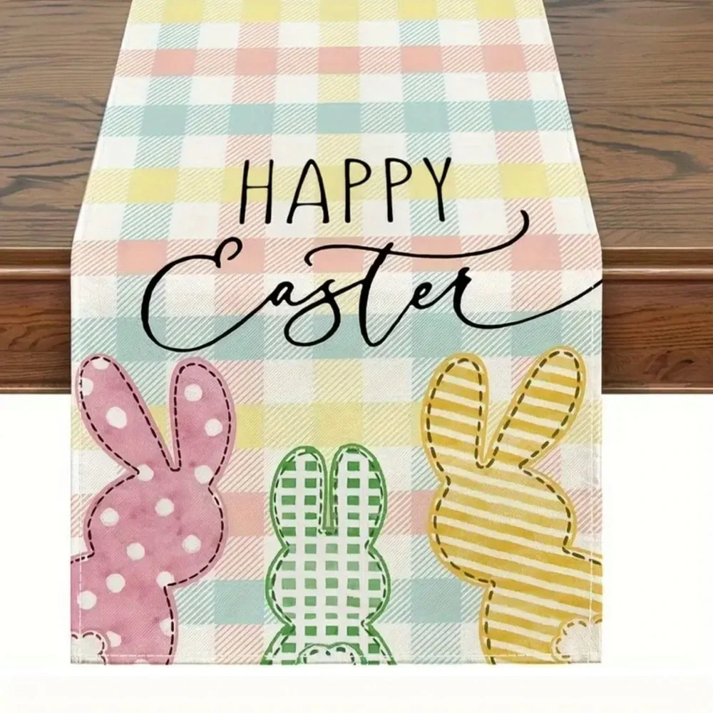 Happy Easter Patterned Bunnies Checkered Table Runner